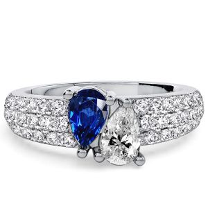 Italo Toi Et Moi Micro Pave Pear Cut White & Blue Sapphire Ring For Women