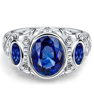 Italo Three Stone Filigree Oval Cut Blue Sapphire Vintage Engagement Rings