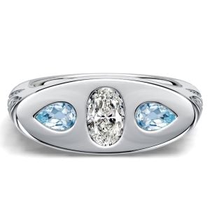 Italo Filigree Oval Cut Aquamarine Three Stone Engagement Ring For Women