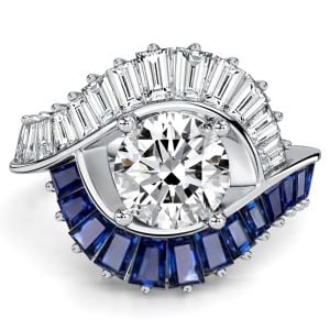 Italo Baguette Halo White & Blue Sapphire Unique Engagement Ring For Women