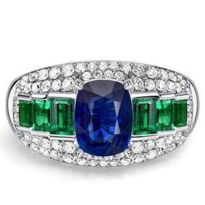 Italo Emerald Green Cushion Cut Blue Sapphire Unique Engagement Rings