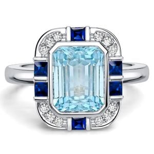 Italo Bezel 2.5 Carat Emerald Cut Aquamarine Ring Vintage Engagement Ring For Women