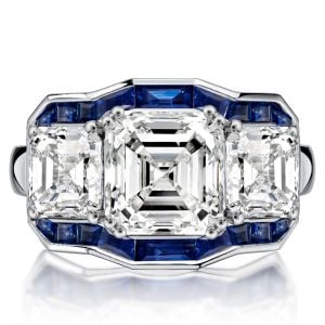 Italo Halo Asscher Cut Blue Sapphire Three Stone Engagement Ring For Women