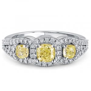 Italo Halo Yellow Topaz Cushion Cut Three Stone Engagement Ring For Women