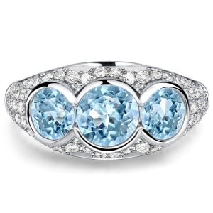 Italo Bezel Setting Round Cut Aquamarine Three Stone Engagement Ring For Women