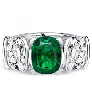 Italo Half Bezel Emerald Sapphire Cushion Cut Three Stone Engagement Ring For Women