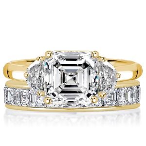 Italo Golden Three Stone Asscher Cut Engagement Ring Sets For Women