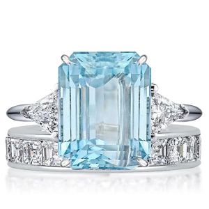 Italo Emerald Cut Aquamarine Three Stone Engagement Ring Sets For Women