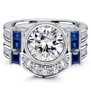 Italo Blue & White Sapphire 2 Carat Round Cut Vintage Engagement Ring Set