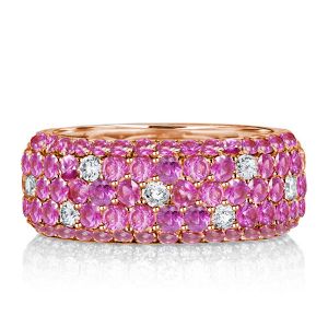 Rose Gold Micro Pave Setting Five Row Pink Sapphire Eternity Wedding Band