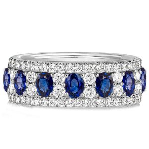 Oval Cut Blue Multi Row Half Eternity Wedding Band For Women