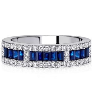 Blue Baguette Triple Row Half Eternity Wedding Band For Women