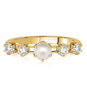 Italo Five Stone Round Cut Wedding Band Pearl Ring For Women