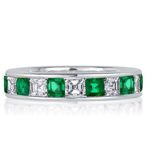 Italo Asscher Cut Emerald Green Ring Eternity Band For Women