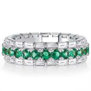 Baguette Edge Round Cut Emerald Sapphire Eternity Band For Women