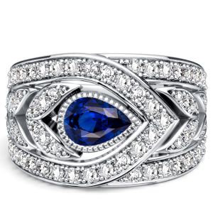 Italo Floral Pear Cut Blue Sapphire Wedding Band For Women Anniversary