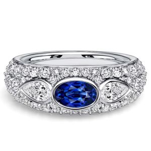 Italo Three Stone Oval Cut Blue Sapphire Band Ring Anniversary Rings