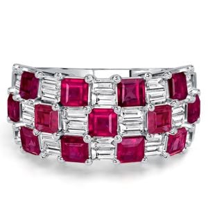 Italo Triple Row Shared Prong Baguette & Asscher Cut Ruby Band Ring