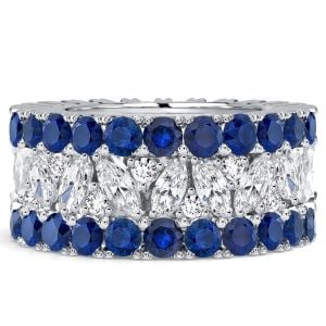 Italo Multi Row Marquise & Round Cut White & Blue Sapphire Wedding Band For Women