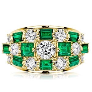 Italo Triple Row Round & Asscher Cut Emerald Green Wedding Band For Women