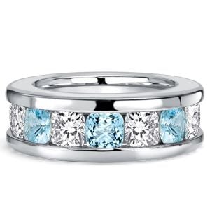 Italo Channel Set 3.5 MM Cushion Cut Aquamarine Wedding Band For Women
