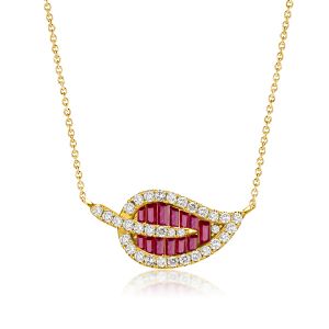Baguette Cut Ruby Leaf Pendant Necklace For Women