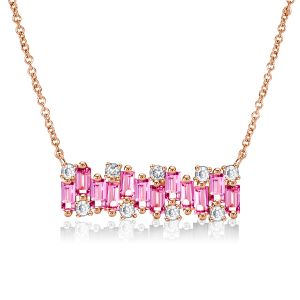 Rose Gold Pink Sapphire Baguette Cut Bar Necklace For Women