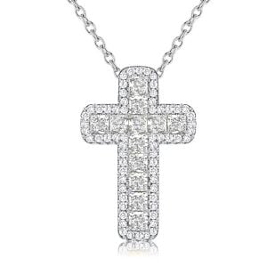 Italo Halo Cushion Cut Cross Necklace In Sterling Silver