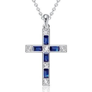 Italo Baguette Cut Blue Sapphire Silver Cross Necklace For Women