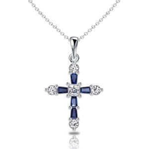 Italo Tap Baguette Cut Blue Sapphire Cross Necklace For Women