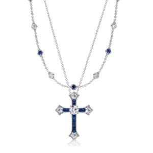 Italo Bezel Set White & Blue Sapphire Cross Layering necklaces For Women