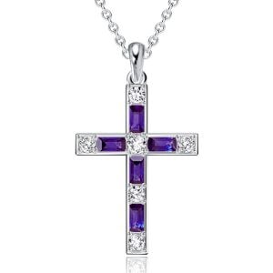 Italo Baguette Cut Amethyst Silver Cross Necklace For Women