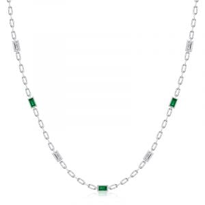 Italo Baguette Cut Emerald & White Sapphire Bezel Set Tennis Necklace
