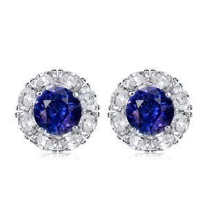 Classic Halo White & Blue Sapphire Stud Earrings