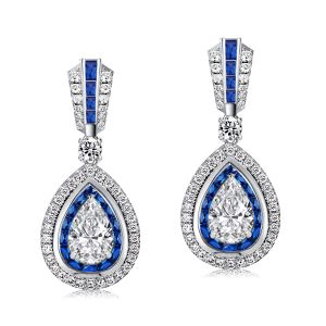Double Halo Pear Cut White & Blue Sapphire Drop Earrings
