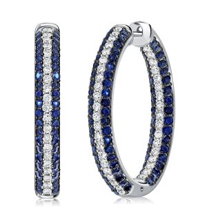 Triple Row Blue & White Round Oval-shaped Silver Hoop Earrings