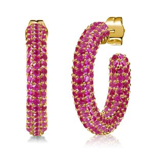 Italo Golden Pave Setting Ruby Hoop Earrings For Women