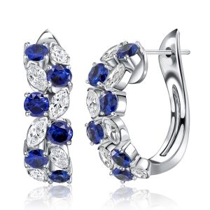 Italo Cluster Marquise Cut Blue Sapphire Silver Hoop Earrings