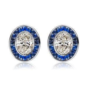 Italo Art Deco Oval Cut Blue Sapphire Stud Earrings For Women