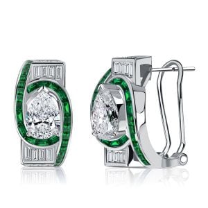 Italo Art Deco Pear Cut Emerald Sapphire Sterling Silver Hoop Earrings
