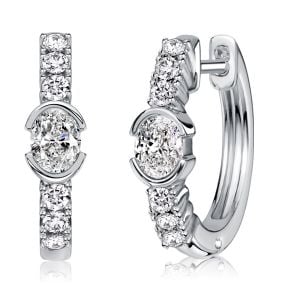 Italo Half Bezel Oval Cut White Sapphire Hoop Earrings For Women
