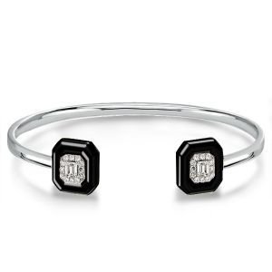 Two Tone Halo Emerald Cut White Sapphire Bangle Bracelet