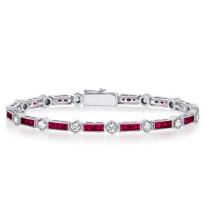 Alternating Round White & Triple Ruby Tennis Bracelet For Women