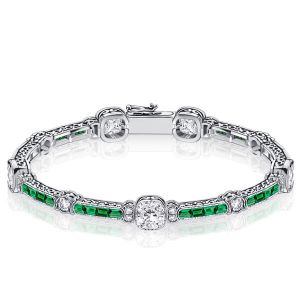 Milgrain White & Emerald Tennis Bracelet In Sterling Silver