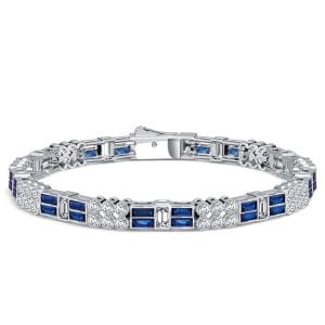 Italo Milgrain Bezel Round & Baguette Cut Blue Sapphire Tennis Bracelet For Women