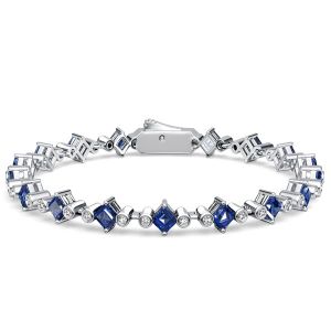 Italo Three Stone Asscher Cut Blue Sapphire Tennis Bracelet For Women