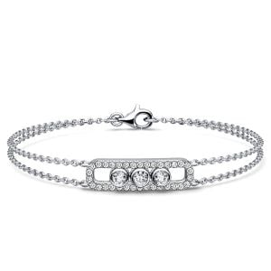 Italo Bezel Set Three Stone Decorated Double Chain Bracelet For Women