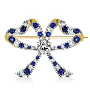 Vintage Blue & White Round Cut Bow Brooch For Women