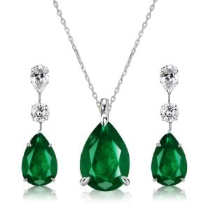 Italo Pear Shaped Emerald Sapphire Necklace & Earrings Jewelry Set