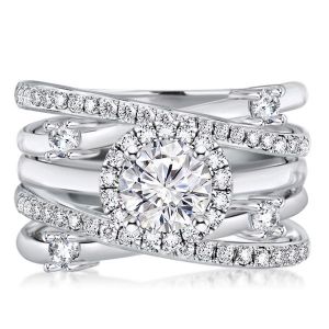 Italo Halo Round Cut Engagement Rings Sets In Sterling Silver